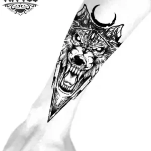 Tatouage avant bras loup éphémère réaliste détaillé noir et gris Tatouage avant bras loup éphémère réaliste détaillé noir et gris