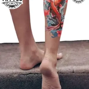 tatouage-mollet-ephemere-carpe-koi-design-japonais tatouage-mollet-ephemere-carpe-koi-design-japonais
