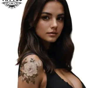 tatouage epaule ephemere femme pivoine elegant