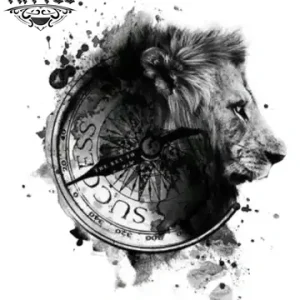 tatouage-ephemere-lion-boussole-design-temporaire-tatouage-lion-aventureux