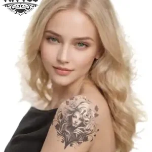 tatouage epaule femme ephemere lion realiste
