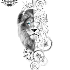 tatouage ephémère lion motif horloge design intemporel réaliste