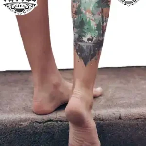 tatouage-mollet-ephemere-foret-design-nature-originalite tatouage-mollet-ephemere-foret-design-nature-originalite