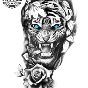 tatouage-tigre-ephemere-rose-realiste-elegant tatouage-tigre-ephemere-rose-realiste-elegant