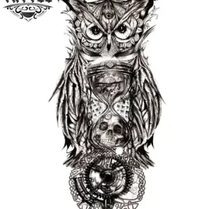 tatouage-ephemere-hibou-horloge-mystique