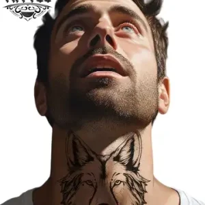 tatouage ephemere cou homme motif loup realiste