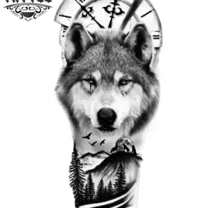 tatouage-ephemere-loup-design-horloge-temps