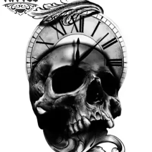 tatouage-ephemere-tete-de-mort-horloge-style-realiste tatouage-ephemere-tete-de-mort-horloge-style-realiste